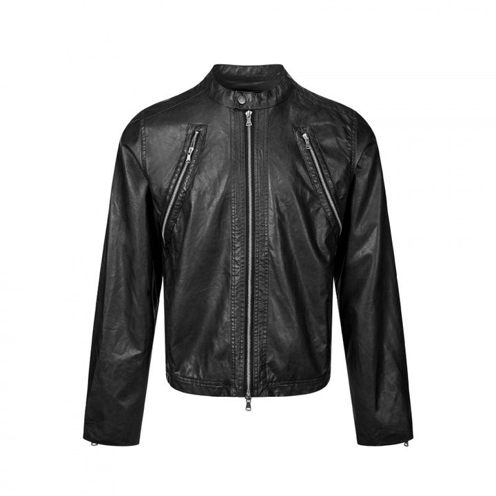 Men's leather jacket in biker style with stand-up collar and diagonal zipper pockets Mune Fashion