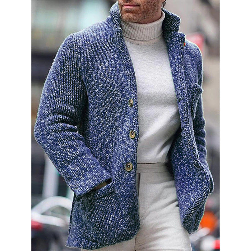 Men's chunky knit cardigan jacket with high stand-up collar and patched pockets Mune Fashion