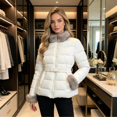 Women's short tailored winter quilted jacket with removable faux fur collar, tonal waist straps and concealed two-way zipper Mune Fashion