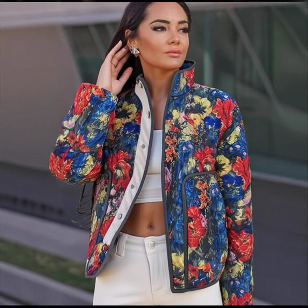 Women Quilted Transitional Jacket with Floral Allover Pattern and Stand Collar Mune Fashion