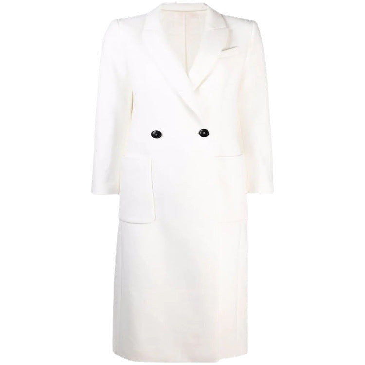 Women's Maxi Long Tailored Wool Blend Coat in Clean Tailoring with Accentuated Shoulder Mune Fashion