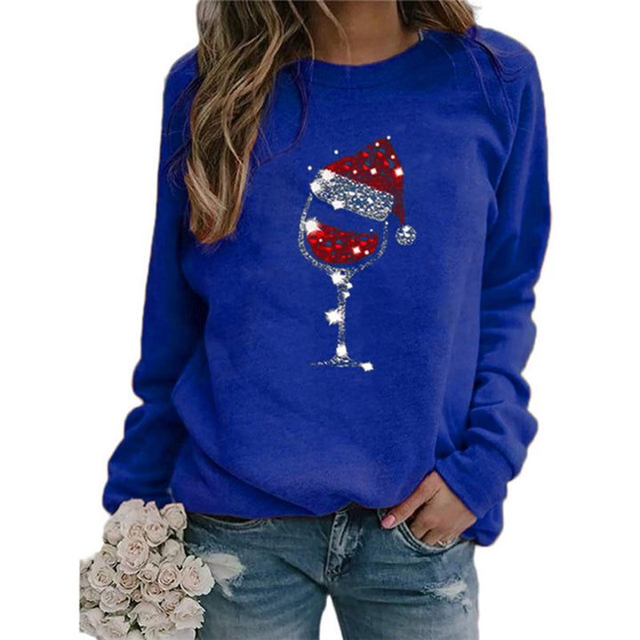 Women's Christmas Sweatshirt with Sequin Wine Glass and Round Neckline Mune Fashion