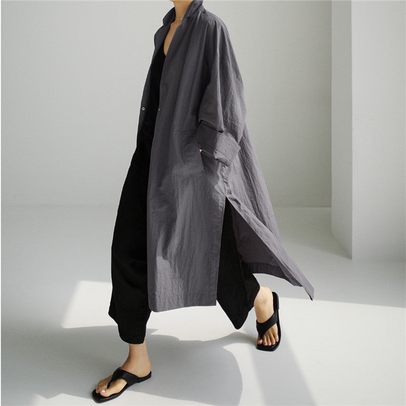 Ladies Lightweight Long Duster in Crinkle Look with Stand Collar, Deep Side Slits and Pockets Mune Fashion