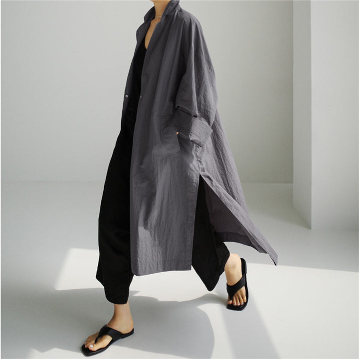 Ladies Lightweight Long Duster in Crinkle Look with Stand Collar, Deep Side Slits and Pockets Mune Fashion