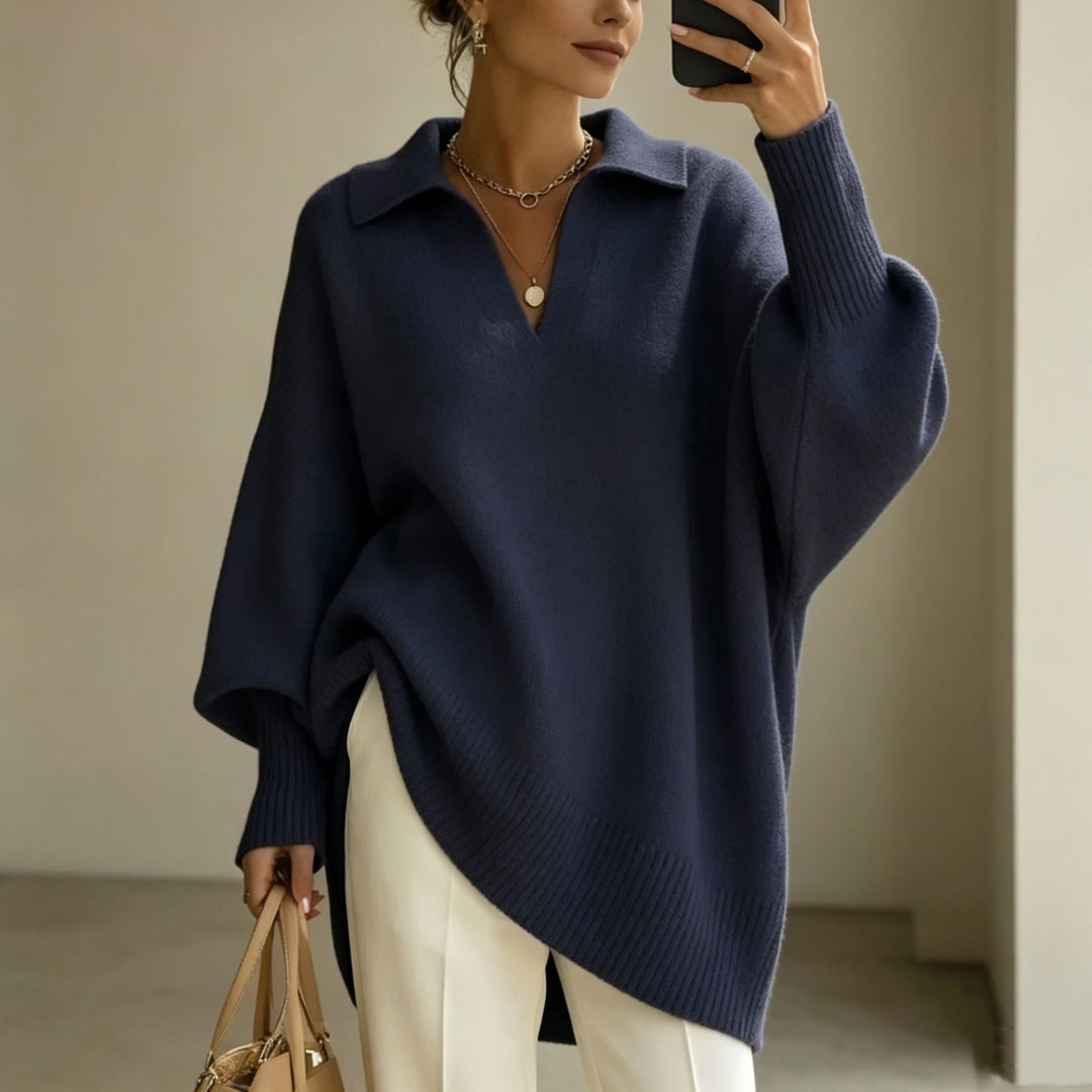 Women Oversize Polo Collar V-Neck Knitted Sweater with Balloon Sleeves Mune Fashion