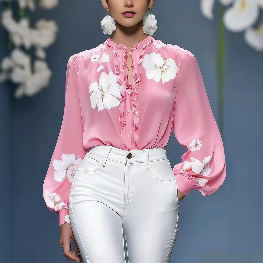 Women's silk blouse with ruffle trim and floral appliqué Mune Fashion