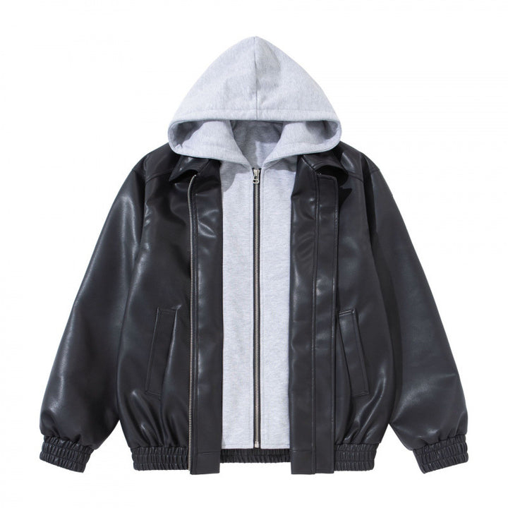 Unisex Oversize Faux Leather Bomber Jacket with Contrasting Hood, Zipper and Elastic Hem Mune Fashion