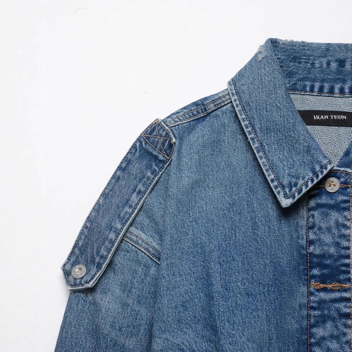 Ladies Cropped Denim Jacket with Epaulettes, Concealed Button Placket and Waist Belt Mune Fashion