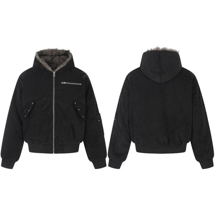 Ladies Oversize Velvet Bomber Jacket with Hood, Faux Fur Lining and Zipper Front Mune Fashion