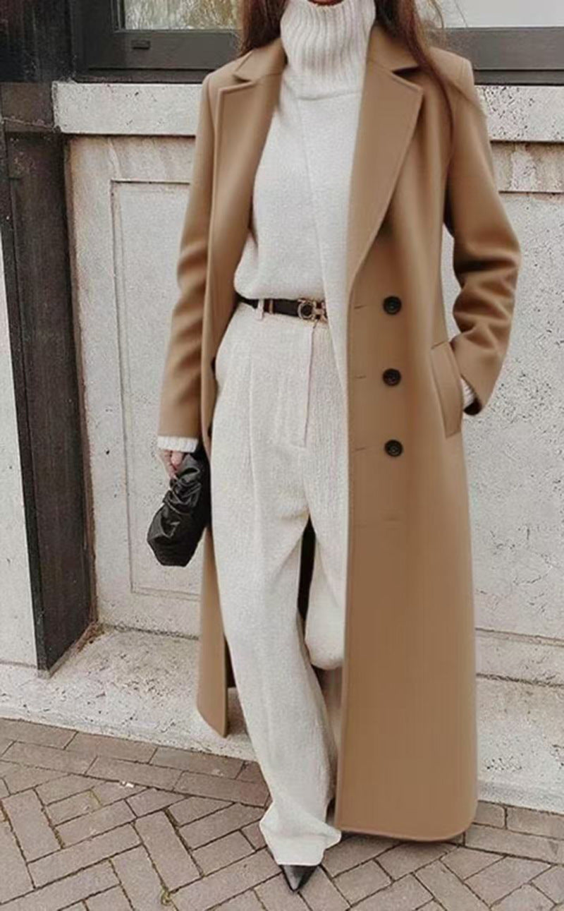 Women's long double-breasted wool coat with lapel collar and tailored silhouette Drune