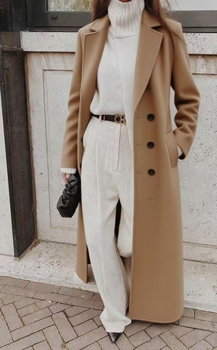 Women's long double-breasted wool coat with lapel collar and tailored silhouette Drune