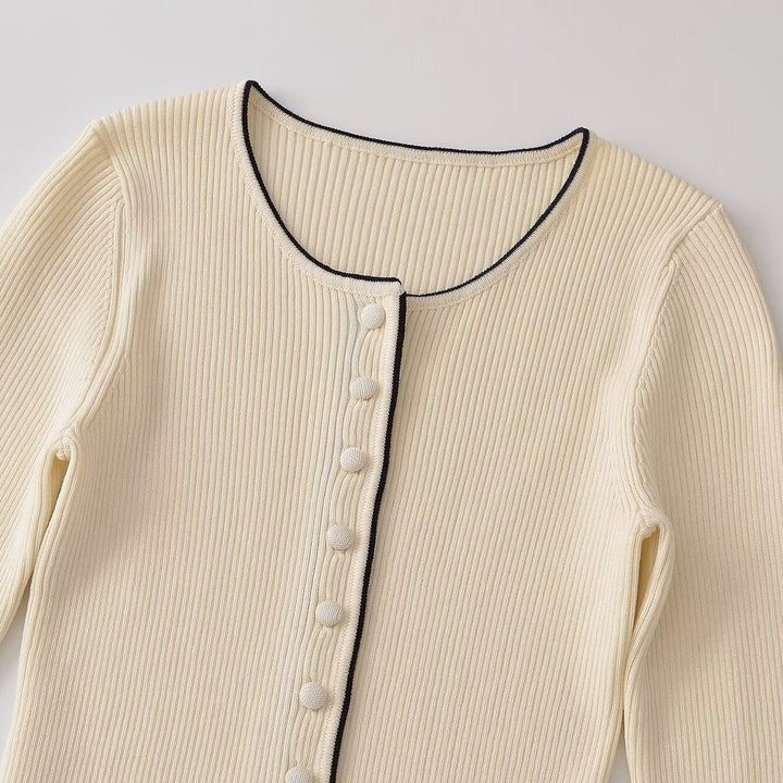Women's fine ribbed cardigan with concealed button placket and contrast edge Mune Fashion