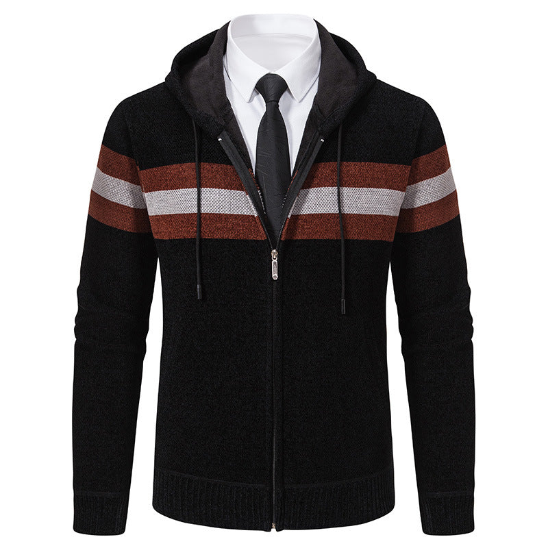Men's Knitted Hooded Cardigan with Contrast Stripes and Zipper Mune Fashion