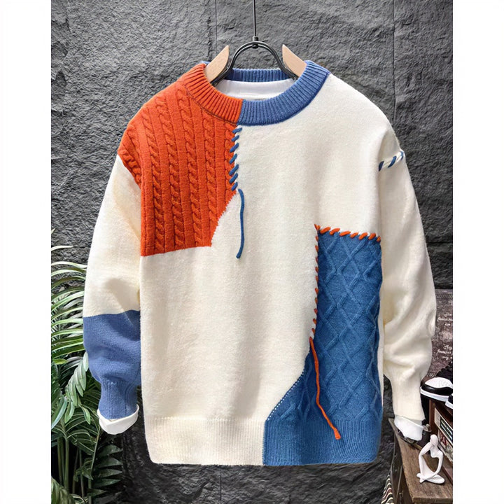 Unisex Patchwork-Oversize-Knitted Sweater with Cable and Diamond Pattern, Decorative Contrast Seams and Round Neckline Mune Fashion