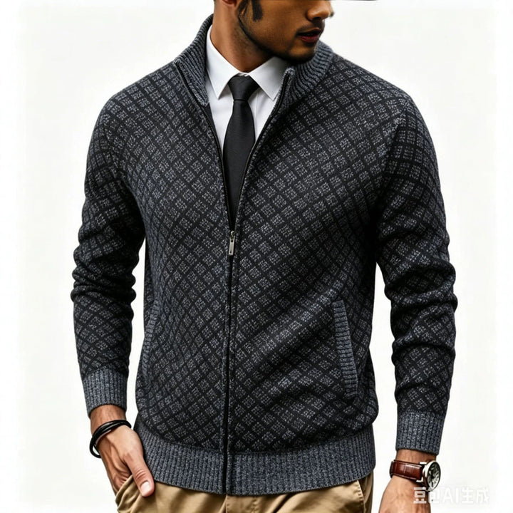 Men's Structured Cardigan with Stand-up Collar and Diamond Jacquard Mune Fashion