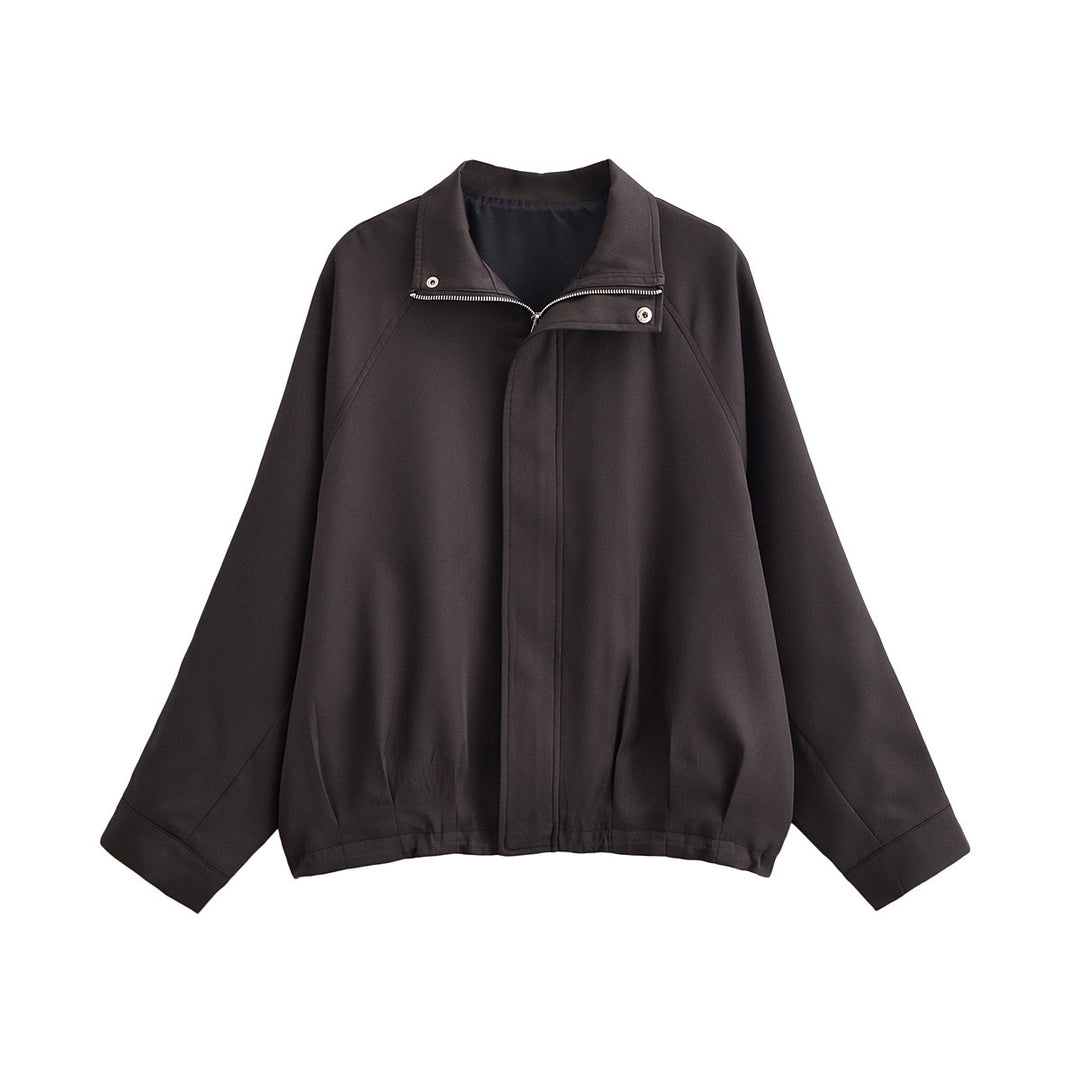 Women's Lightweight Oversized Bomber Jacket with Stand-up Collar, Raglan Sleeves, and Elastic Hem Mune Fashion