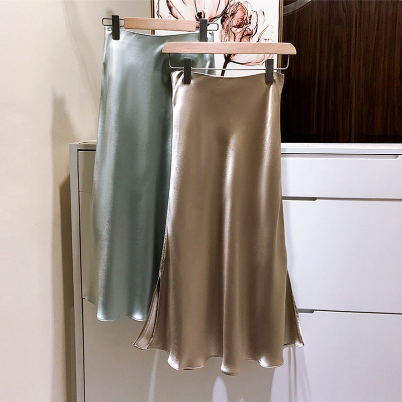 Ladies Elegant Satin Skirt with Asymmetric Slit Mune Fashion