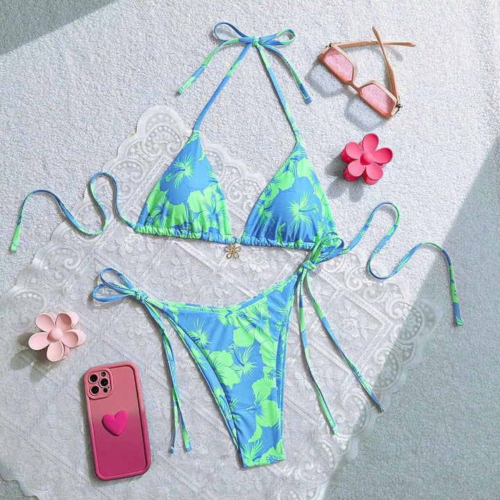Women's triangle bikini with floral accents and intricate ties Mune Fashion