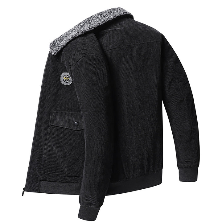 Men's cord jacket with teddy collar, patch flap pockets, and elastic cuffs.