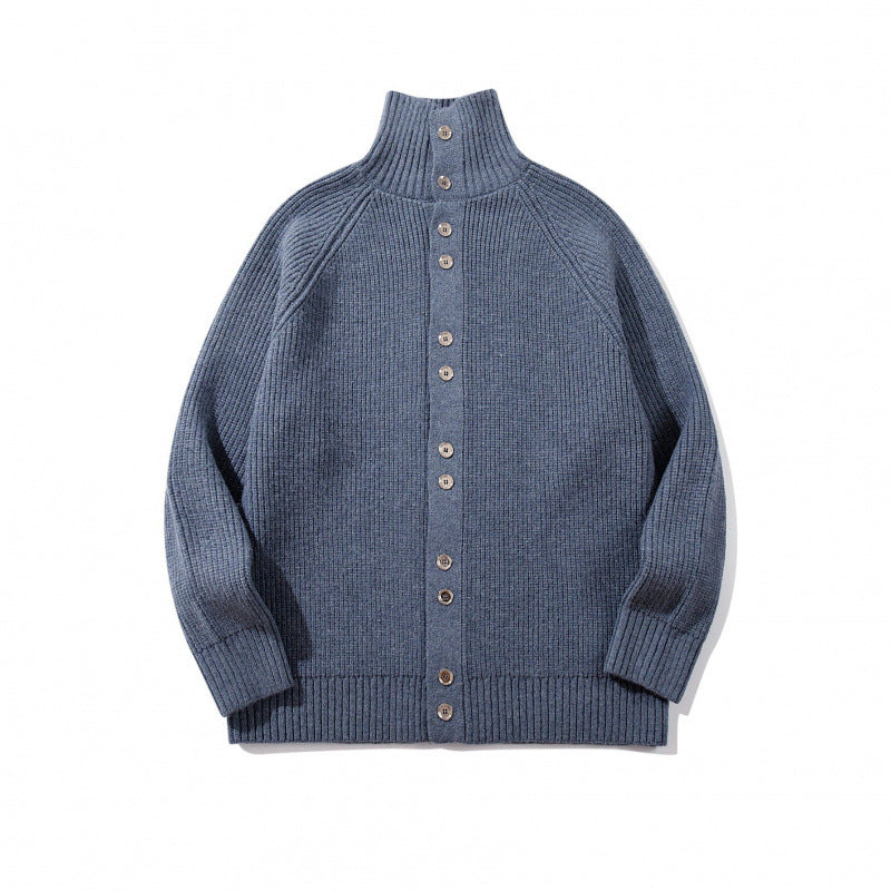 Men's chunky knit button cardigan with high roll collar and raglan sleeves Mune Fashion