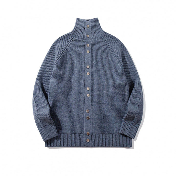 Men's chunky knit button cardigan with high roll collar and raglan sleeves Mune Fashion