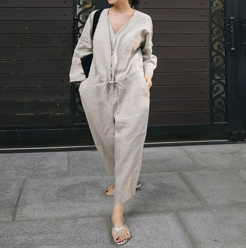 Women's Linen Jumpsuit with V-Neck and Tie Belt Mune Fashion