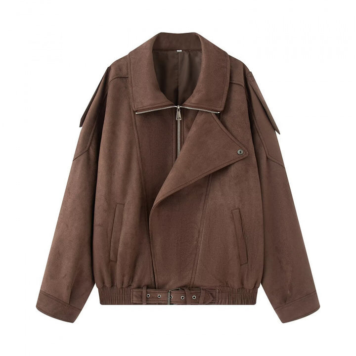Women Oversize Bomber Jacket with Wide Lapel Collar, Waist Belt and Shoulder Epaulettes Mune Fashion