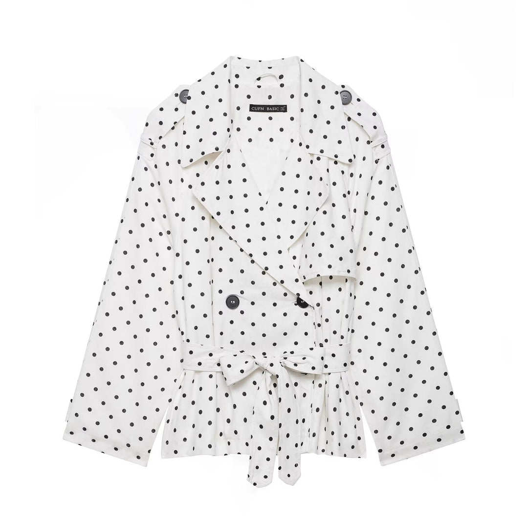 Women Polka Dot Cropped Trench Coat with Tie Belt Mune Fashion