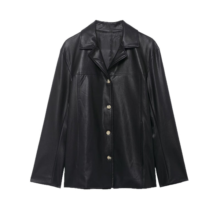 Women's A-line coat in vegan smooth leather look with shirt collar and continuous button placket Mune Fashion