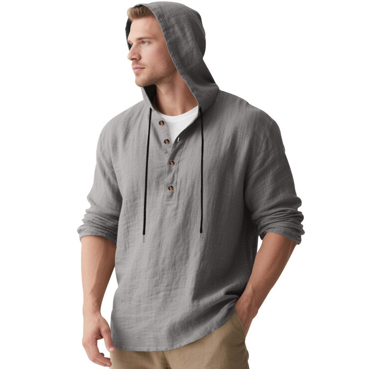 Men's Casual Hooded Henley Linen Blend Overshirt with Drawstring Mune Fashion