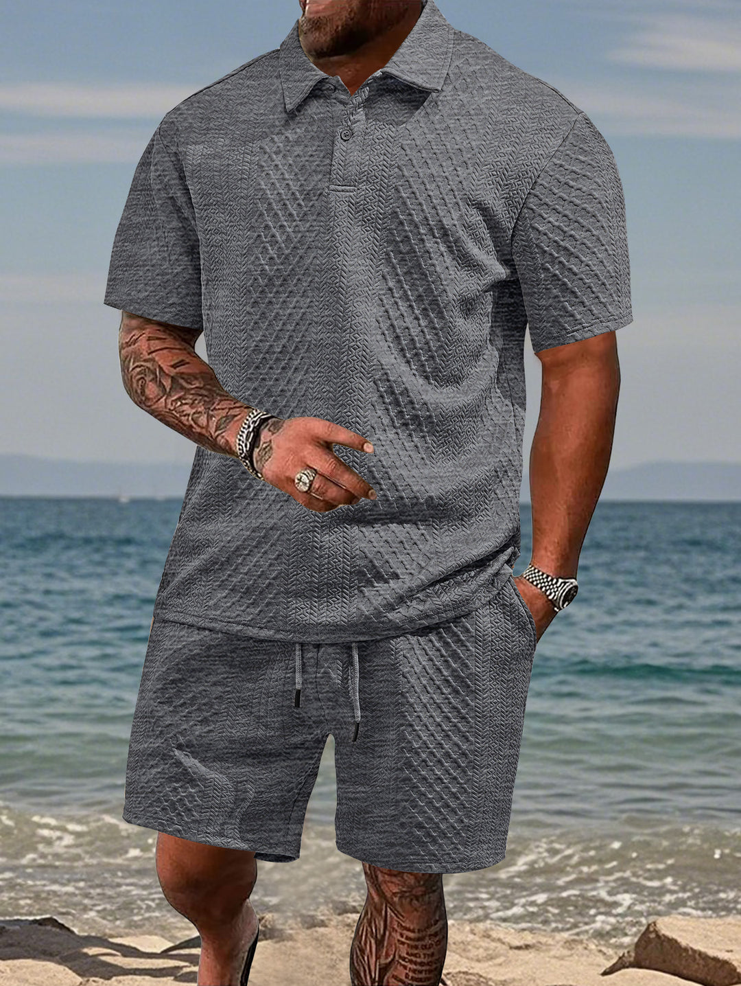 Men's embossed beach ensemble with open short sleeve shirt and cord Bermuda Mune Fashion