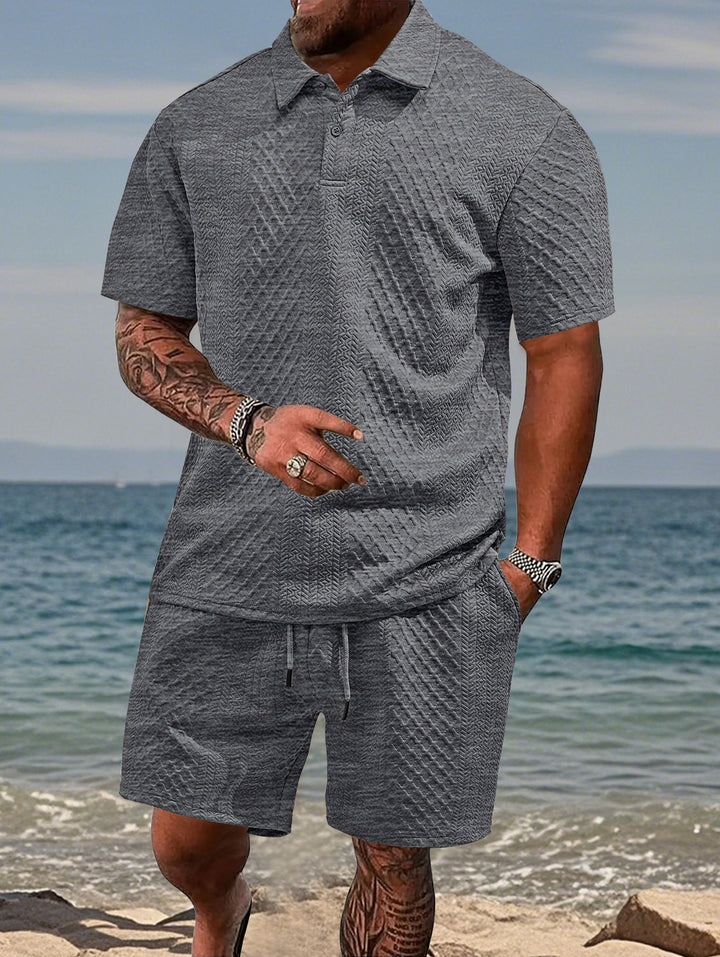 Men's embossed beach ensemble with open short sleeve shirt and cord Bermuda Mune Fashion