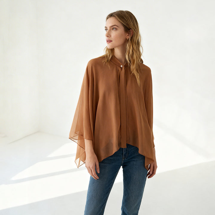 Women's Chiffon Cape with Bow Collar and Decorative Button Mune Fashion