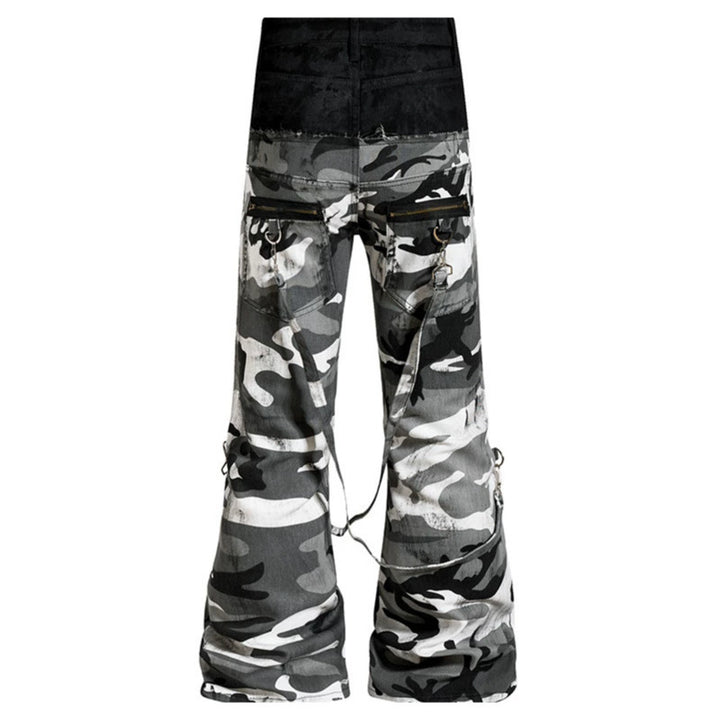 Ladies Wide High-Waist Cargo Pants in Camouflage Look with Bondage Straps Mune Fashion