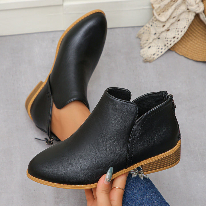 Women's fashionable short ankle boots with rear zipper, low block heel, and padded comfort insole Mune Fashion