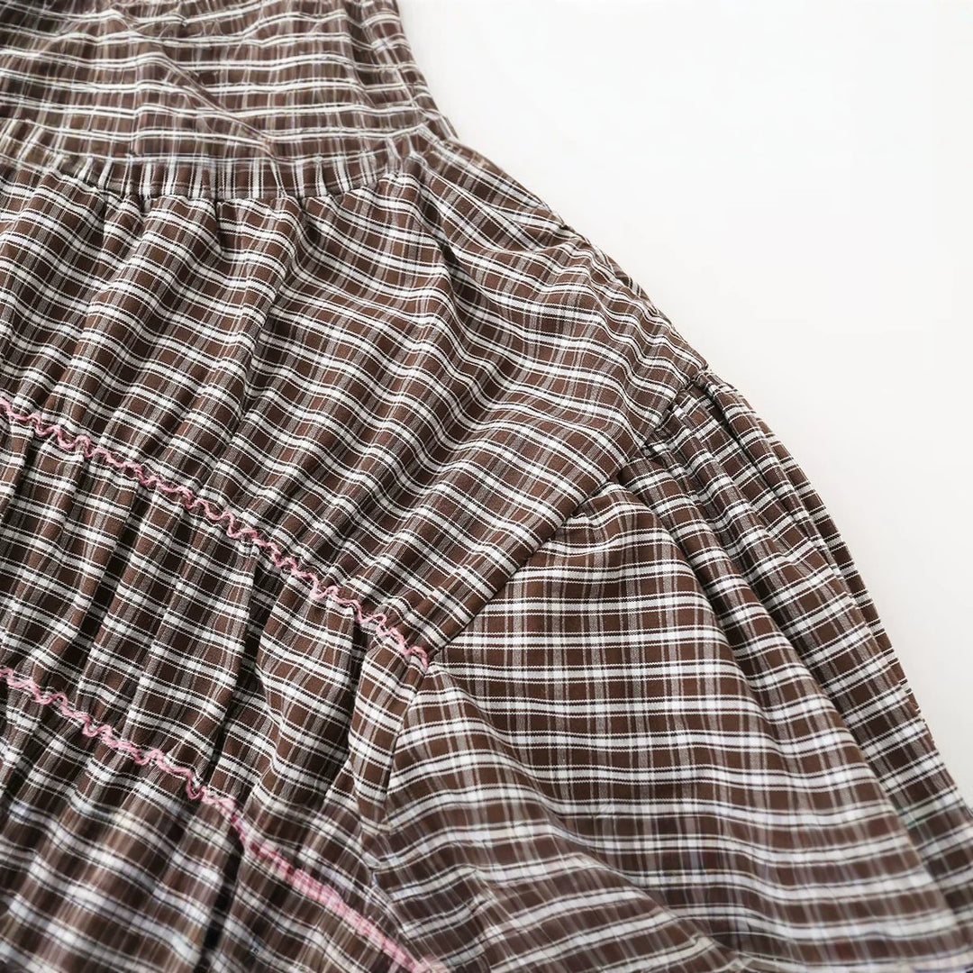 Women's Checked Smock Tunic Top with Ruffle Waist and Puff Sleeves Mune Fashion