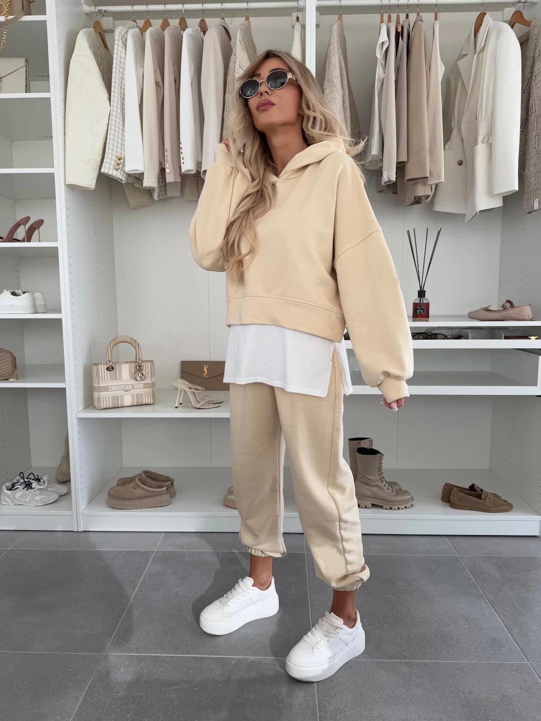 Women's Cropped Hoodie Lounge Set with asymmetrical hem, voluminous raglan sleeves and rolled joggers Mune Fashion
