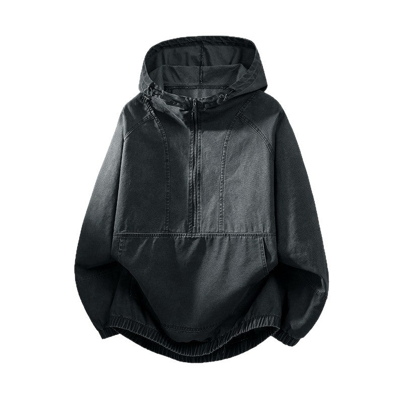 Men's Oversize Canvas Half-Zip Hoodie Anorak with Kangaroo Pocket and Elastic Hem Mune Fashion