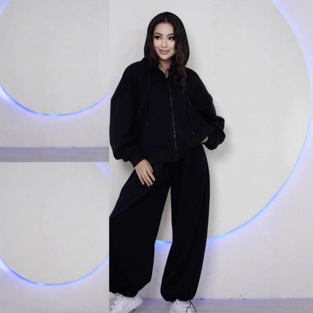 Women's oversized hooded jacket with zipper and wide jogging pants lounge set Mune Fashion