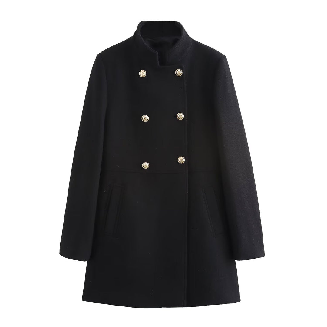 Women's Double-Breasted Wool Blend Coat with Stand Collar and Decorative Buttons Mune Fashion