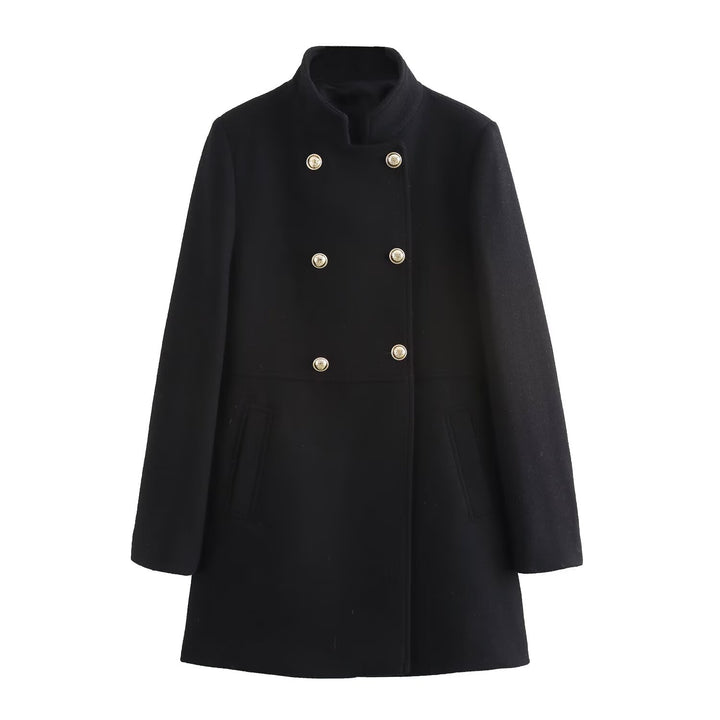 Women's Double-Breasted Wool Blend Coat with Stand Collar and Decorative Buttons Mune Fashion