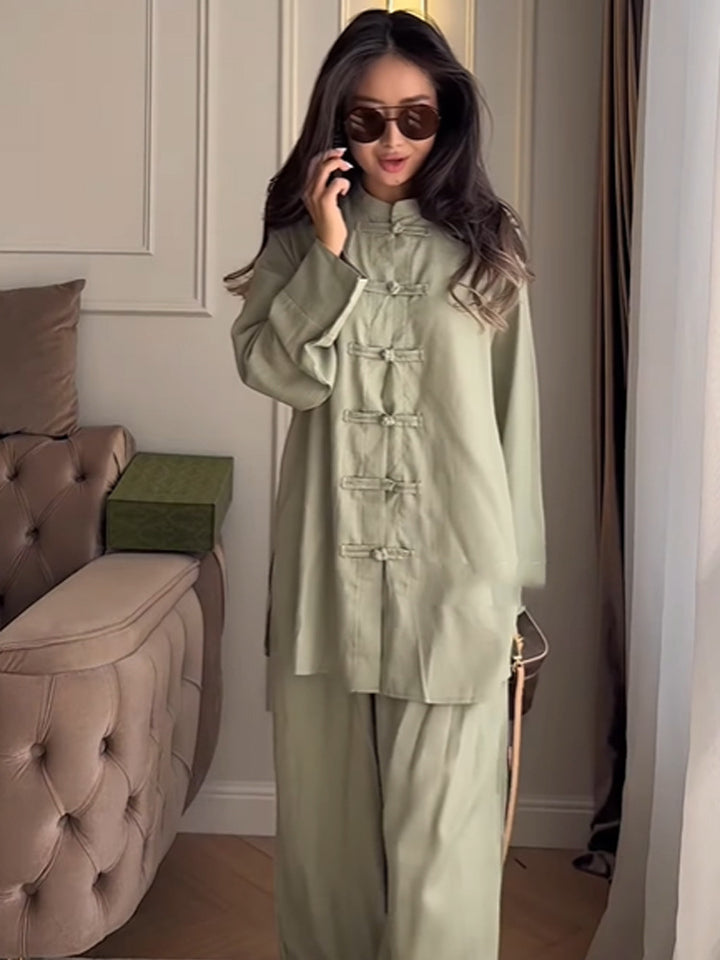 Women Two-Piece Oversize Lounge Set with Stand-Up Collar and Decorative Knot Closures Mune Fashion