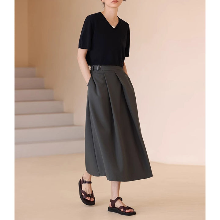Women's Elegant, Wide Cut Maxi Skirt with Waist Belt Mune Fashion