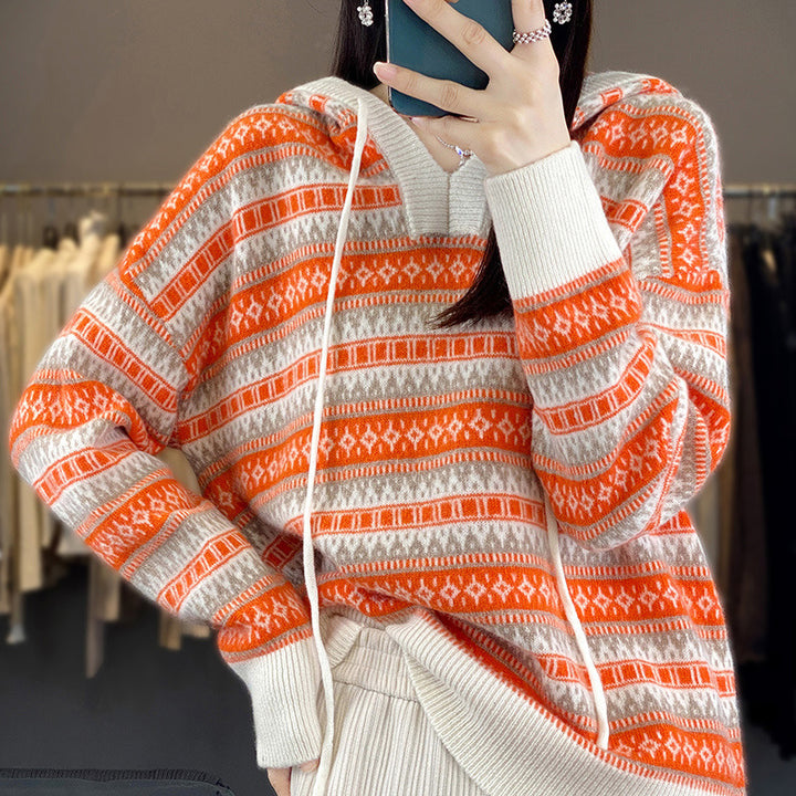 Women Oversize Jacquard Knit Hoodie with V-Slit and Ribbed Cuffs Mune Fashion