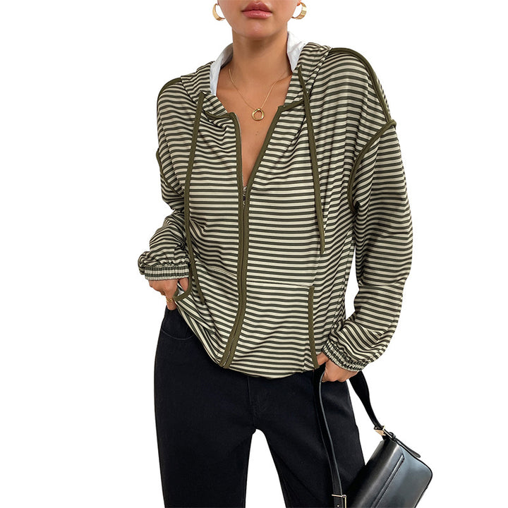 Women's Striped Hoodie with Zip, Drawstring and Elastic Cuffs Mune Fashion
