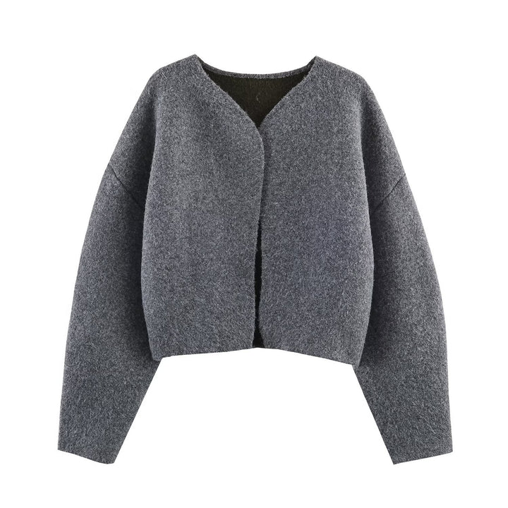 Women's short cut boxy jacket made of boucle wool blend with open V-neck Mune Fashion