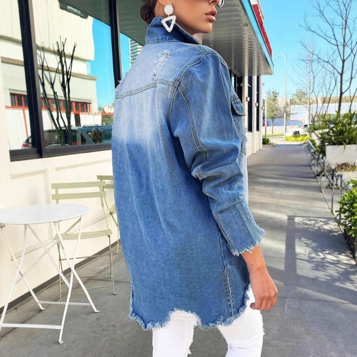 Women's Oversized Denim Jacket with Destroyed Details, Fringed Hem and Concealed Button Placket Mune Fashion