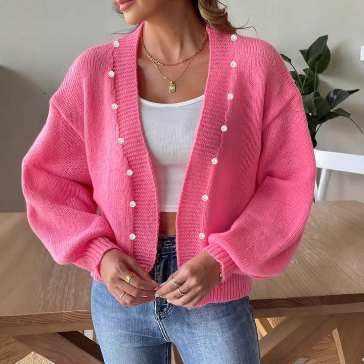 Women's chunky knit cardigan with pearl buttons and balloon sleeves Mune Fashion