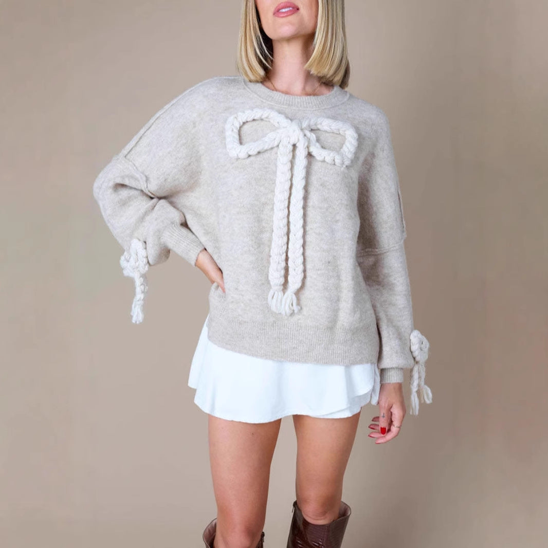 Ladies' Fashionable Sweater with Decorative Knot Design