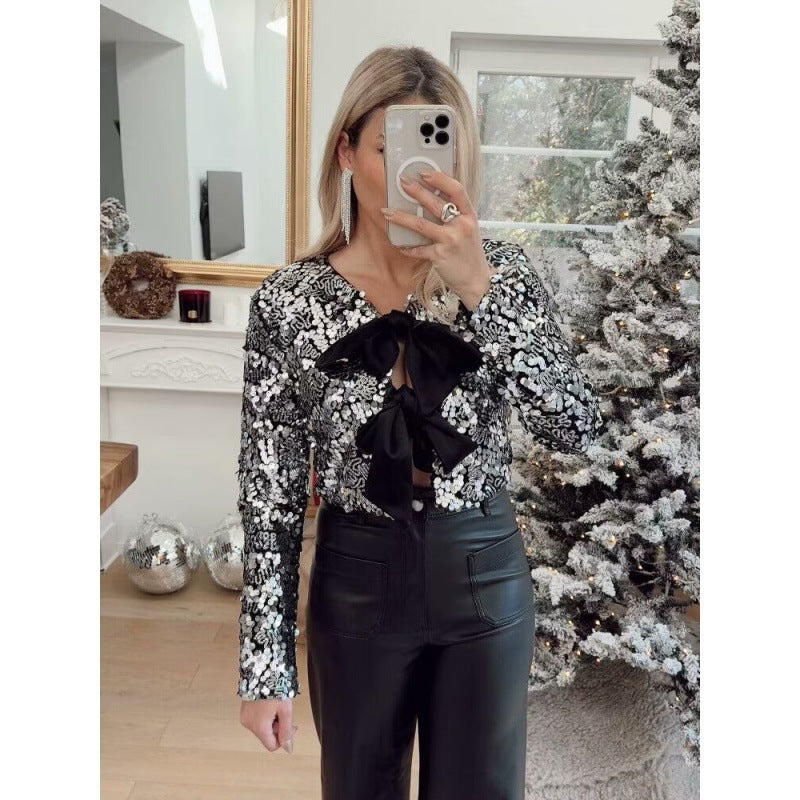 Women’s Short Cut Sequin Bolero Jacket with Triple Satin Bows and Lined Interior Mune Fashion